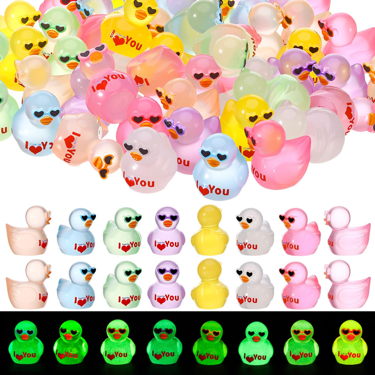 GGSTDDUP 64-Pcs Valentine's Day Resin Ducks | Luminous Heart Sunglasses Figures