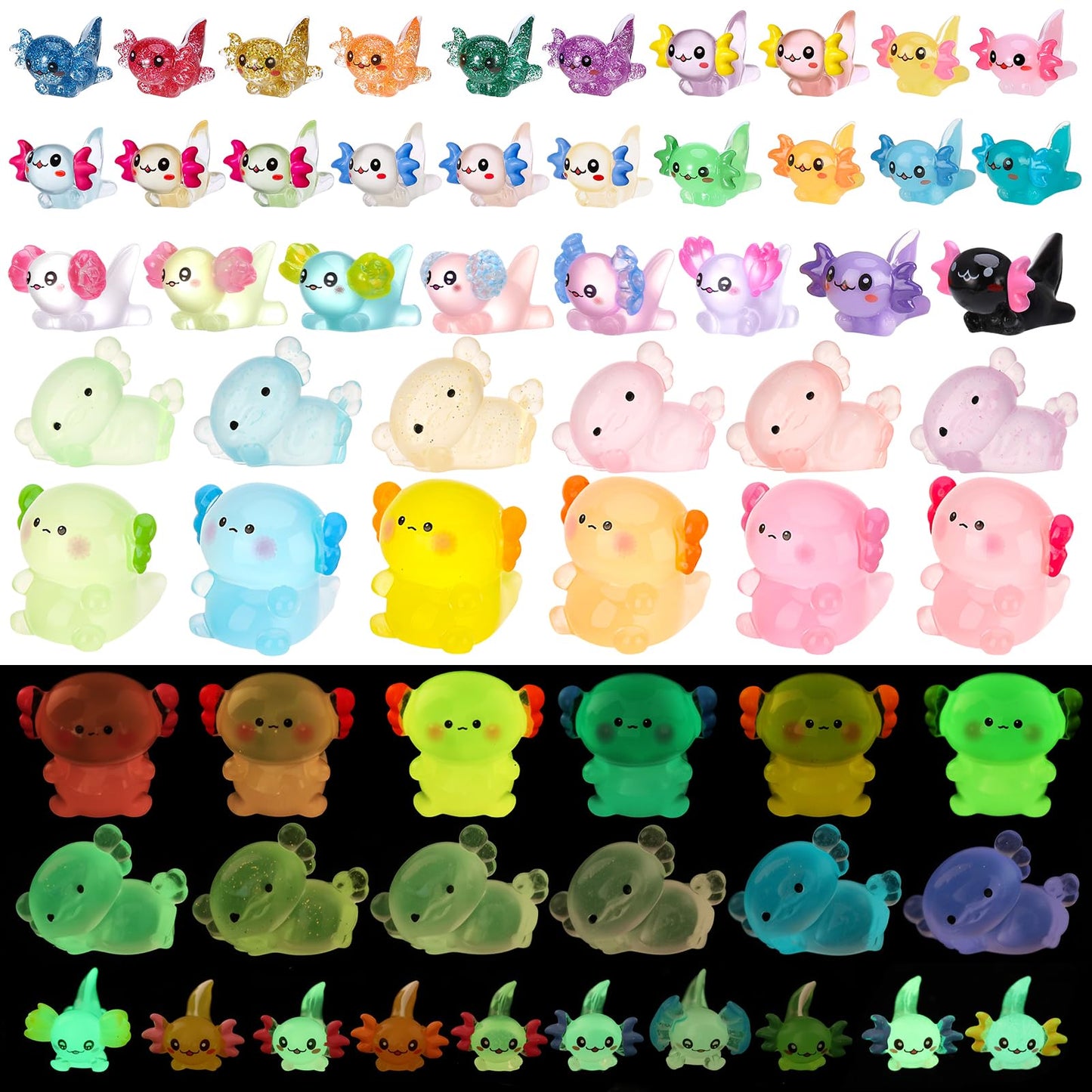 GGSTDDUP 40 Pcs Luminous Mini Axolotl Resin Figurines – Glow in the Dark DIY Decor