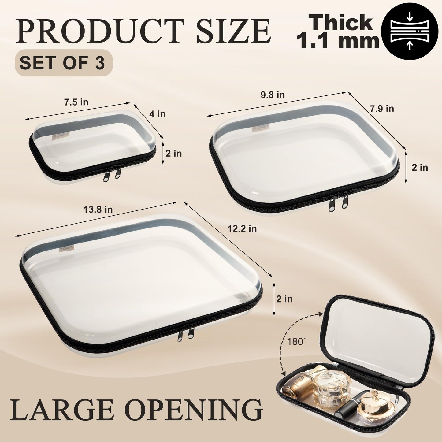 Gharges Clear Hard Shell Zipper Case Set – 3-Pack (S/M/L), 1.1mm BPA-Free PVC
