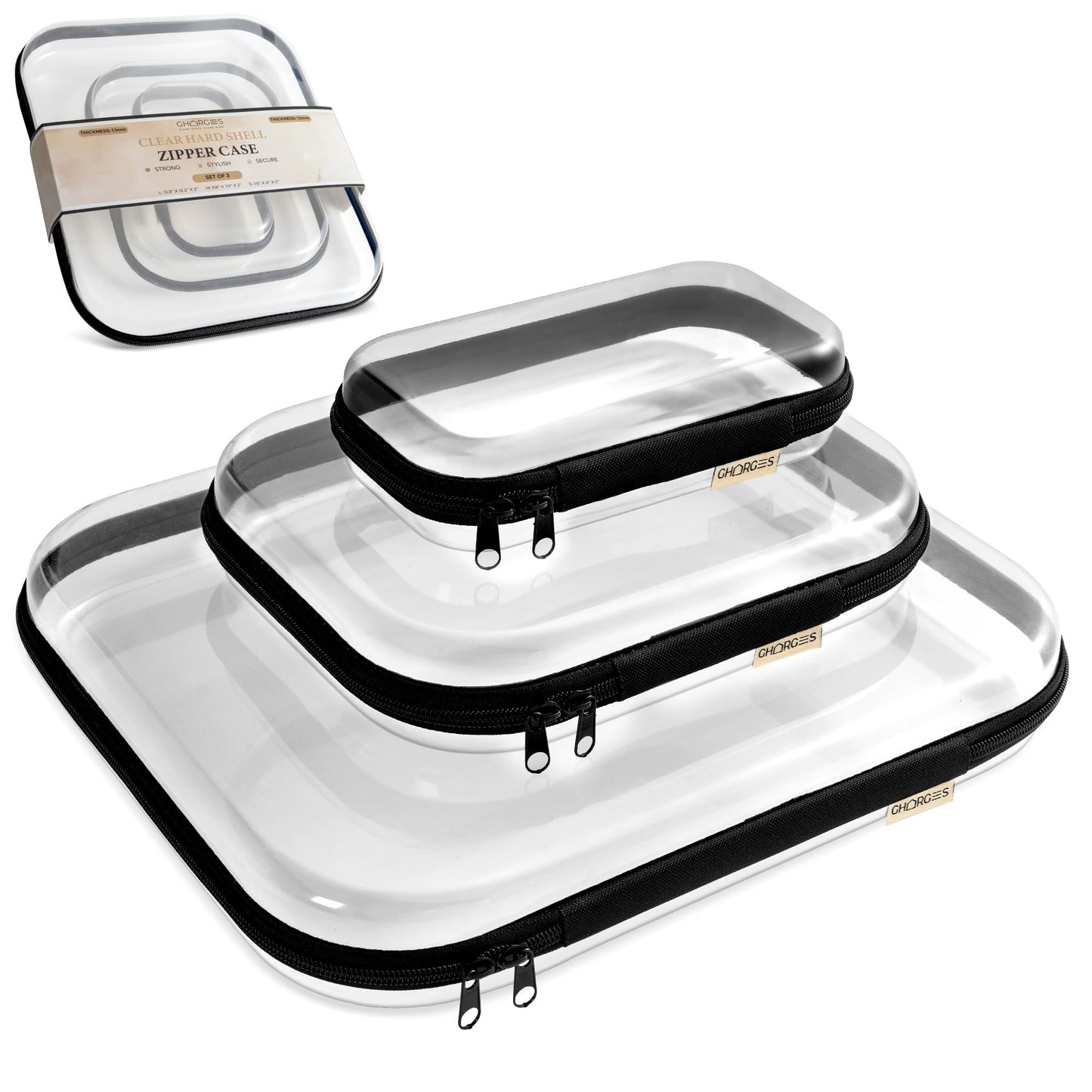 Gharges Clear Hard Shell Zipper Case Set – 3-Pack (S/M/L), 1.1mm BPA-Free PVC