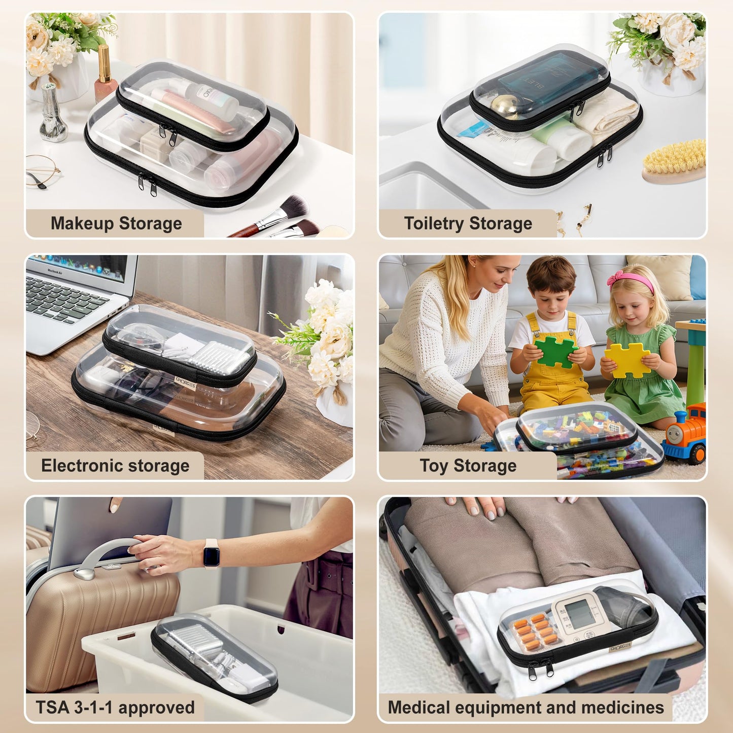 Gharges Clear Hard Shell Zipper Case Set – 3-Pack (S/M/L), 1.1mm BPA-Free PVC
