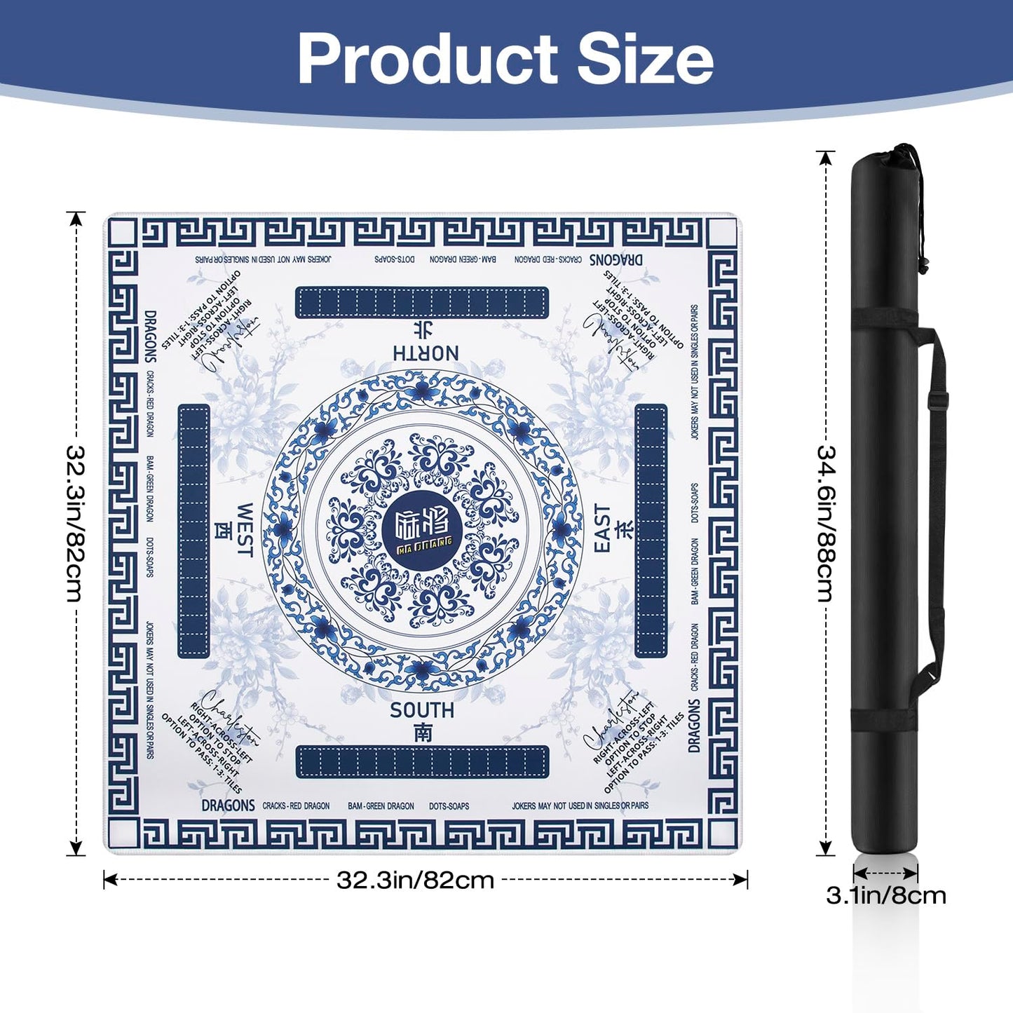 Ghouse Mahjong Mat 32.3'' x 32.3'' – Non-Slip, Waterproof Foldable Table Mat (Blue)