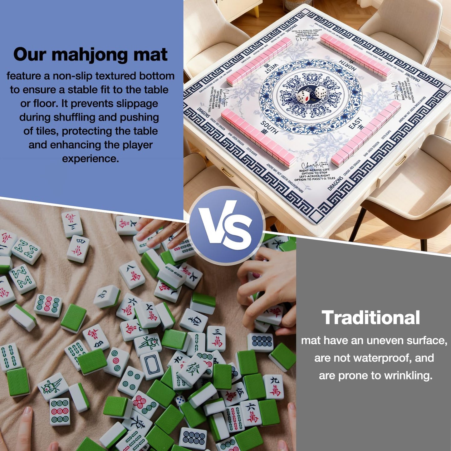 Ghouse Mahjong Mat 32.3'' x 32.3'' – Non-Slip, Waterproof Foldable Table Mat (Blue)