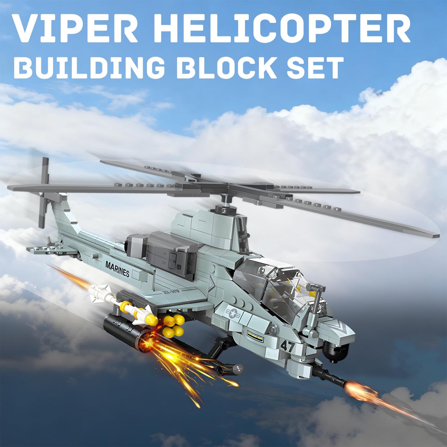 GHQYTPR AH-1Z Viper Building Blocks – 597 PCS Marine Corps Aviation Model Toy