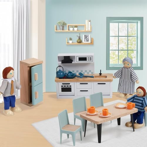 Giant bean 36pcs Wooden Dollhouse Furniture Set – 5 Rooms, 4 Dolls, Safe Beech Wood & Plastic