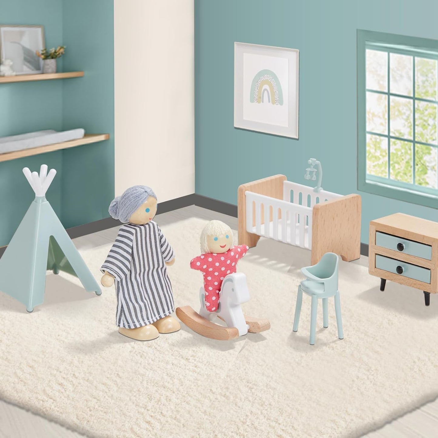 Giant bean 36pcs Wooden Dollhouse Furniture Set – 5 Rooms, 4 Dolls, Safe Beech Wood & Plastic