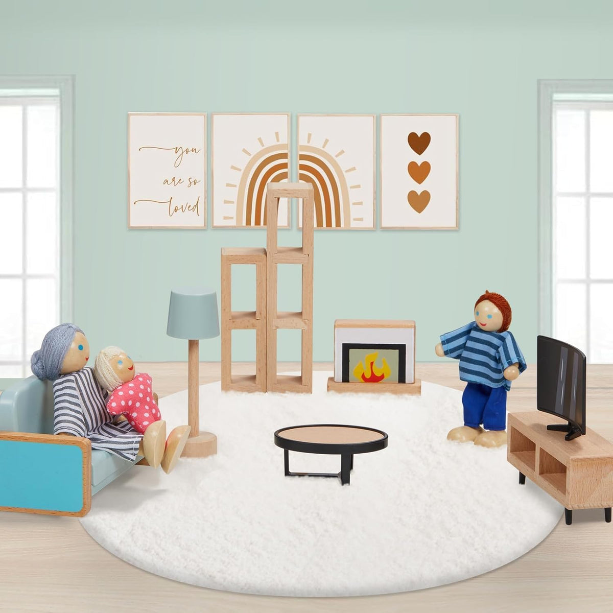 Giant bean 36pcs Wooden Dollhouse Furniture Set – 5 Rooms, 4 Dolls, Safe Beech Wood & Plastic
