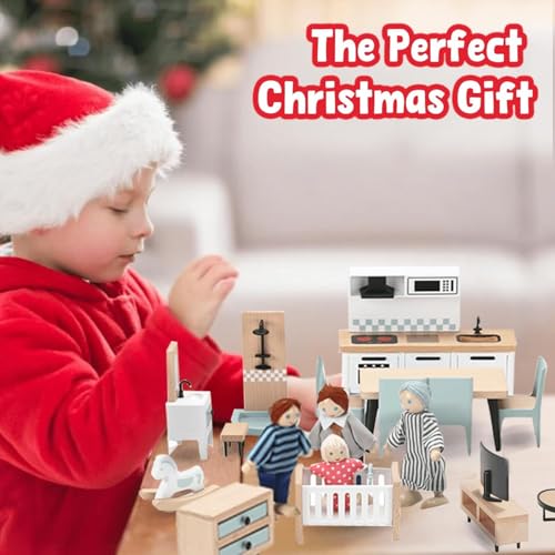 Giant bean 36pcs Wooden Dollhouse Furniture Set – 5 Rooms, 4 Dolls, Safe Beech Wood & Plastic