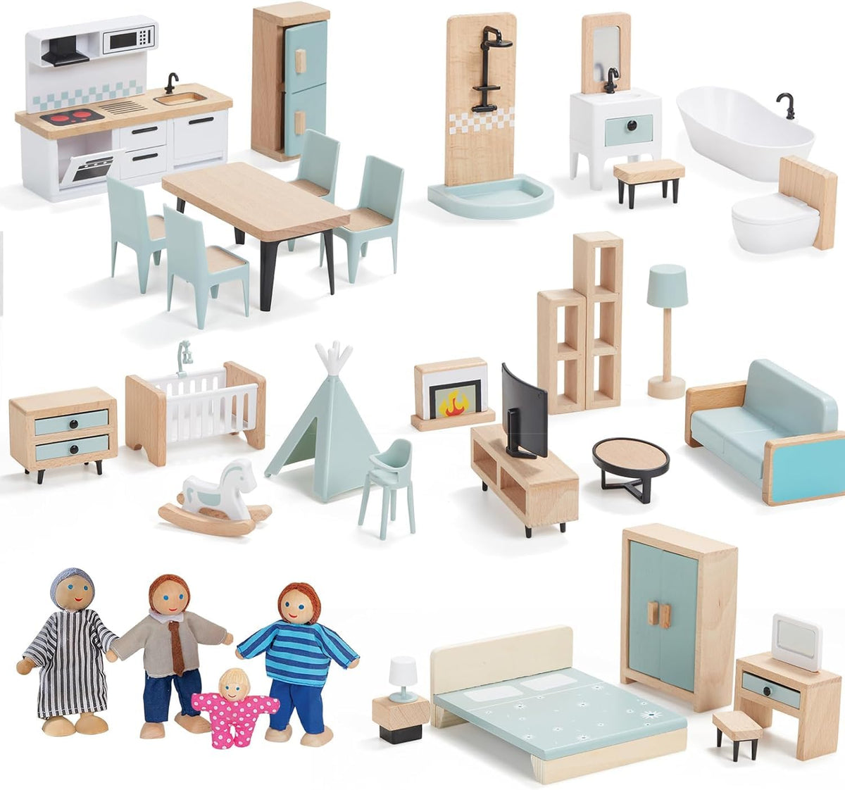 Giant bean 36pcs Wooden Dollhouse Furniture Set – 5 Rooms, 4 Dolls, Safe Beech Wood & Plastic