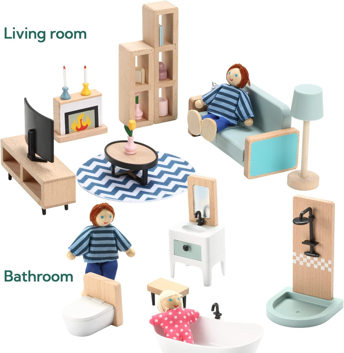 Giant bean 36pcs Wooden Dollhouse Furniture Set – 5 Rooms, 4 Dolls, Safe Beech Wood & Plastic