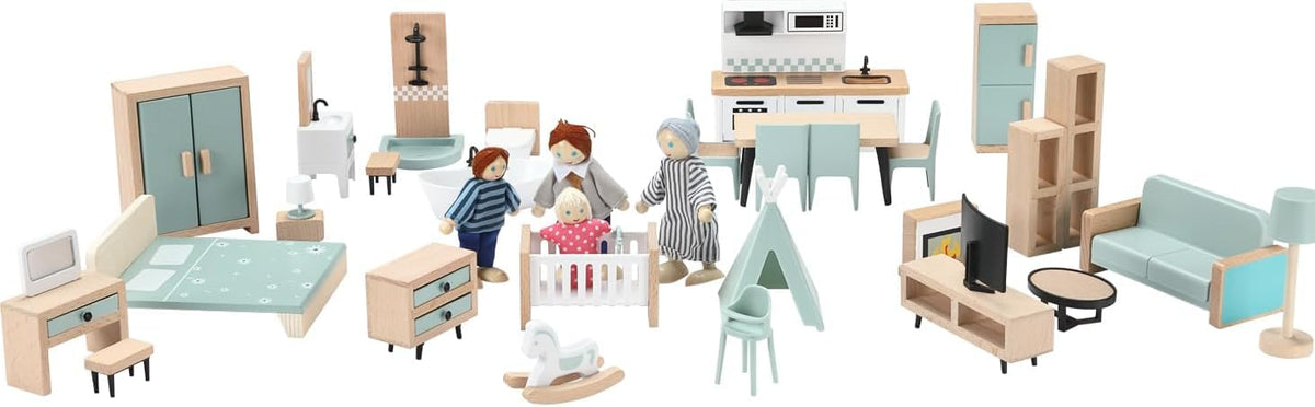 Giant bean 36pcs Wooden Dollhouse Furniture Set – 5 Rooms, 4 Dolls, Safe Beech Wood & Plastic