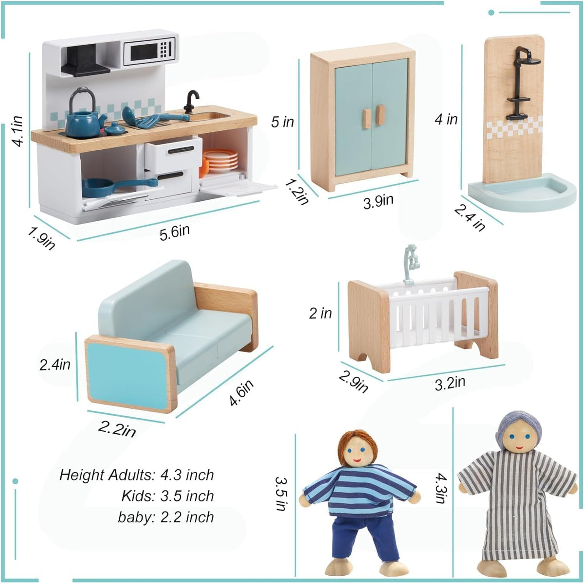 Giant bean 36pcs Wooden Dollhouse Furniture Set – 5 Rooms, 4 Dolls, Safe Beech Wood & Plastic