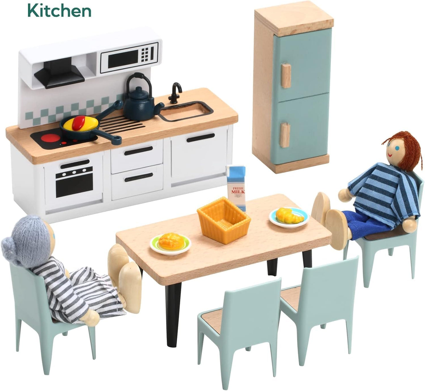 Giant bean 36pcs Wooden Dollhouse Furniture Set – 5 Rooms, 4 Dolls, Safe Beech Wood & Plastic