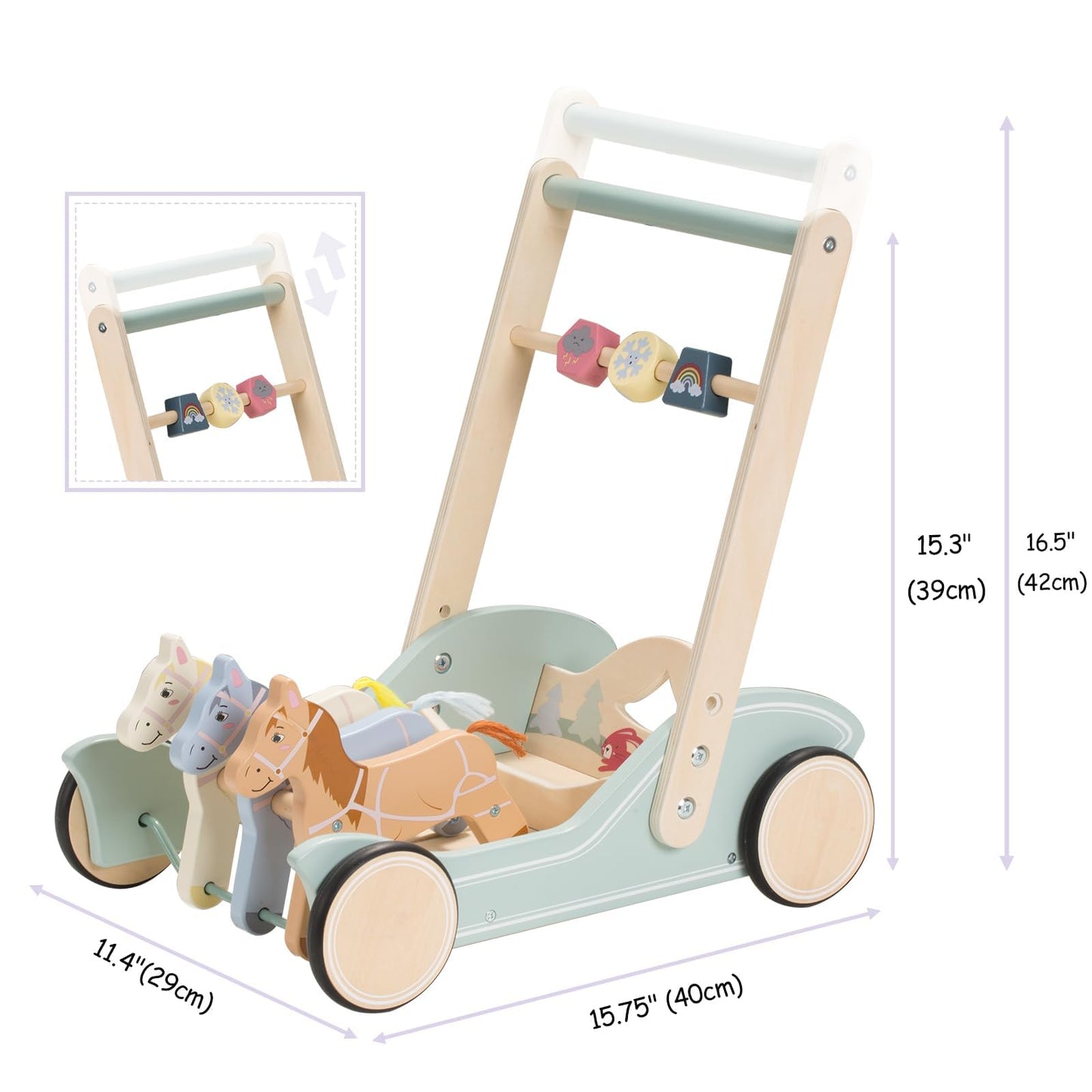 Giant bean Wooden Baby Push Walker – Galloping Ponies, Adjustable Speed & Height (Ages 1-3)