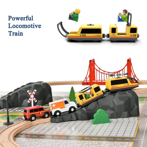 Giant Bean 72PCS Fire Station Wooden Train Set – Battery Locomotive Included, Gift Packed for Kids 3+