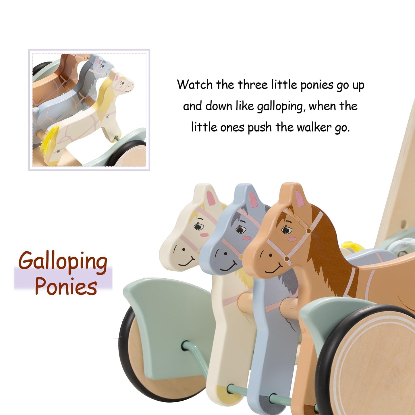 Giant bean Wooden Baby Push Walker – Galloping Ponies, Adjustable Speed & Height (Ages 1-3)