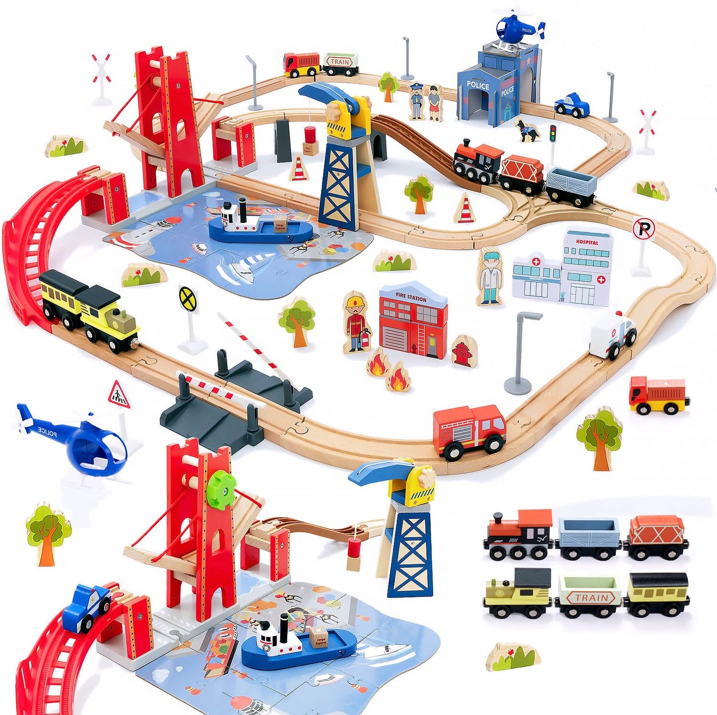 Giant bean 117 Pcs Busy Port City Wooden Train Set | Expandable Track & Lift Bridge