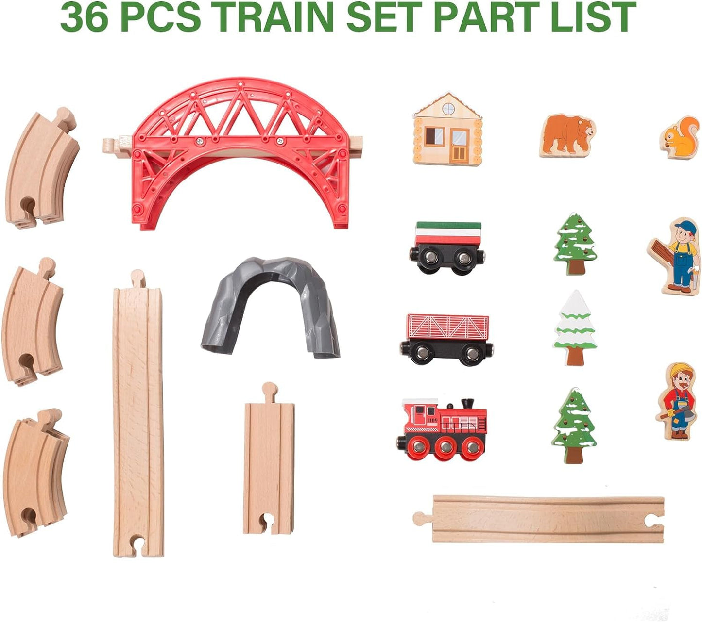 Giant bean 36-Piece Forest Wooden Train Set – Expandable Tracks for 3-7