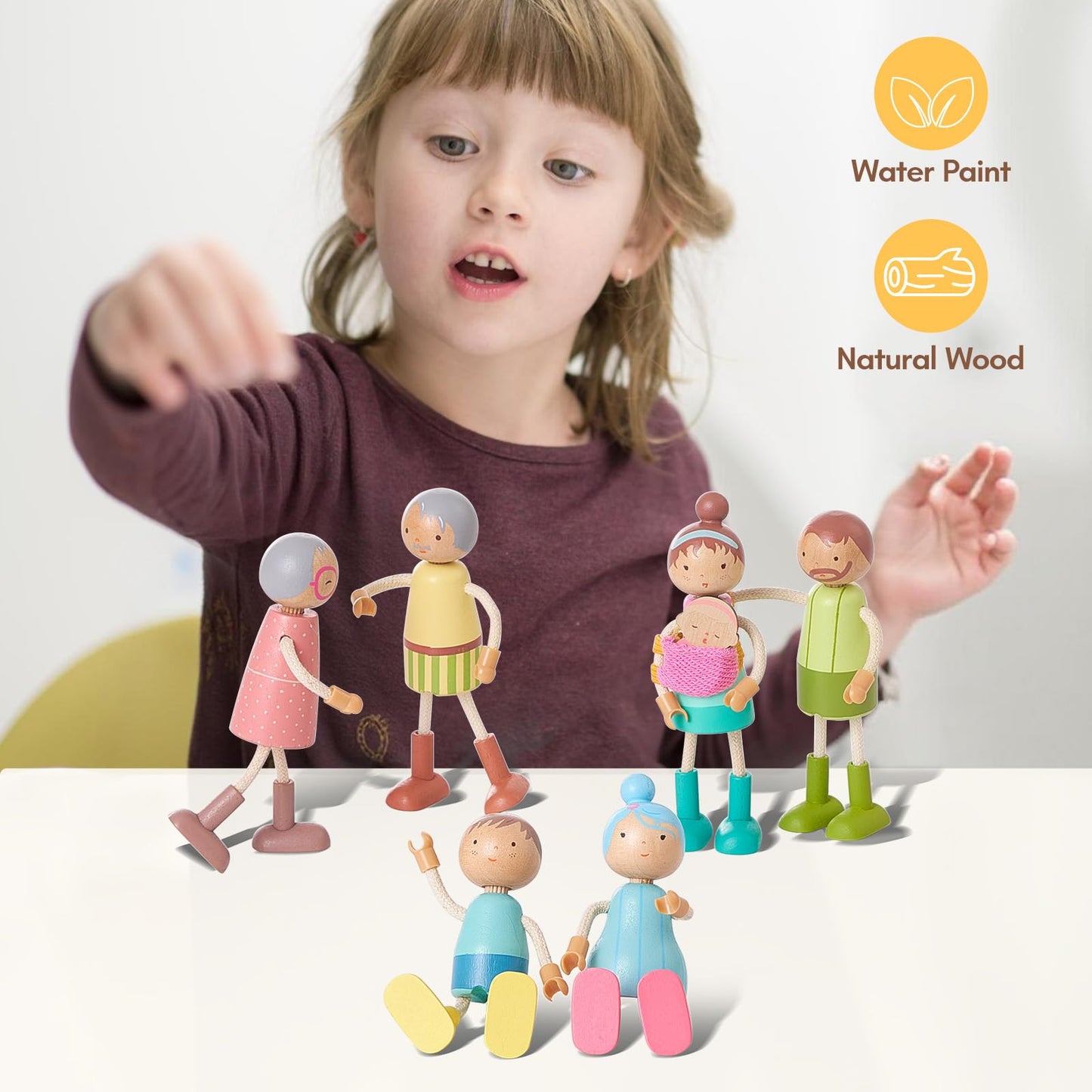 Giant bean Wooden Family Dolls Set of 7 – Poseable Dollhouse Figures for Imaginative Play