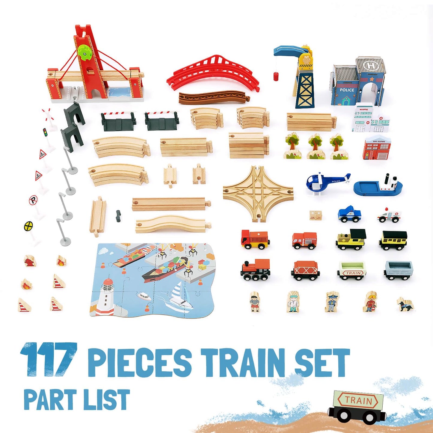 Giant bean 117 Pcs Busy Port City Wooden Train Set | Expandable Track & Lift Bridge