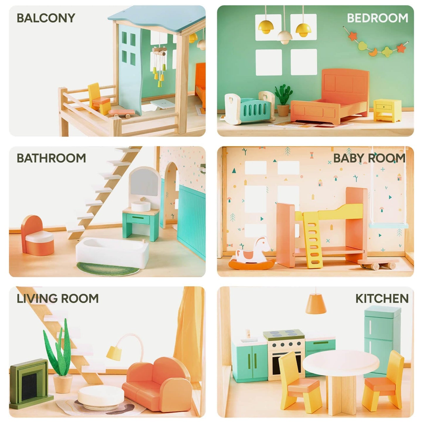 Giant bean Large Wooden Dollhouse – 3-Story, 32-Piece Furniture, Balcony, Safe Toy for Ages 3+