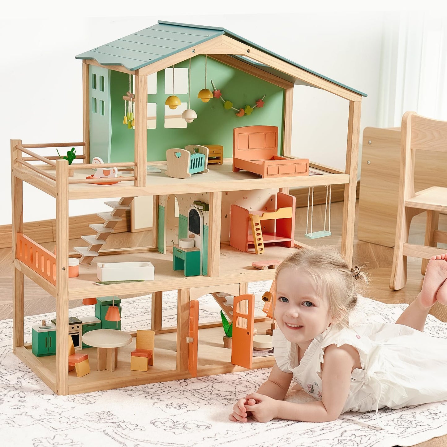 Giant bean Large Wooden Dollhouse – 3-Story, 32-Piece Furniture, Balcony, Safe Toy for Ages 3+