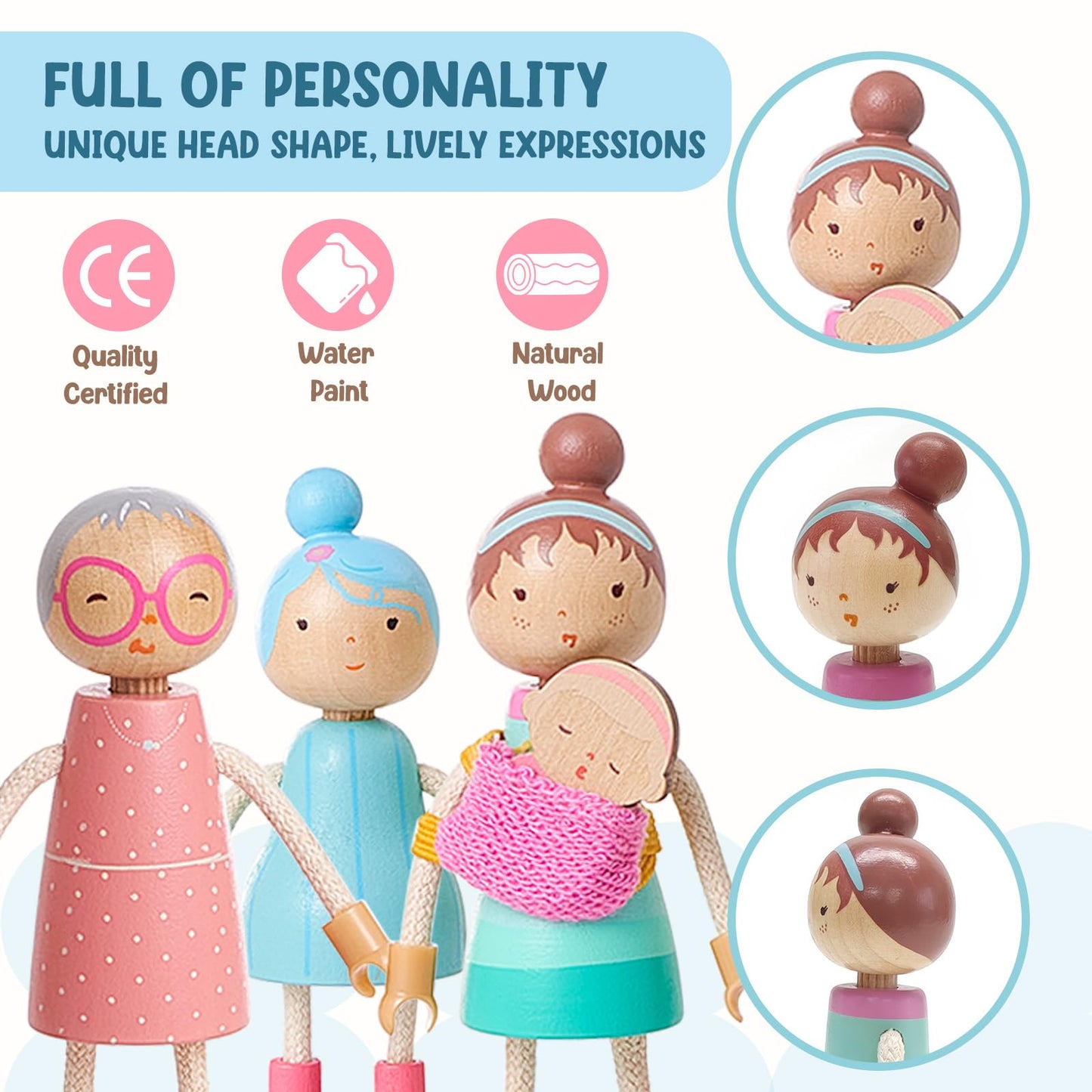 Giant bean Wooden Family Dolls Set of 7 – Poseable Dollhouse Figures for Imaginative Play