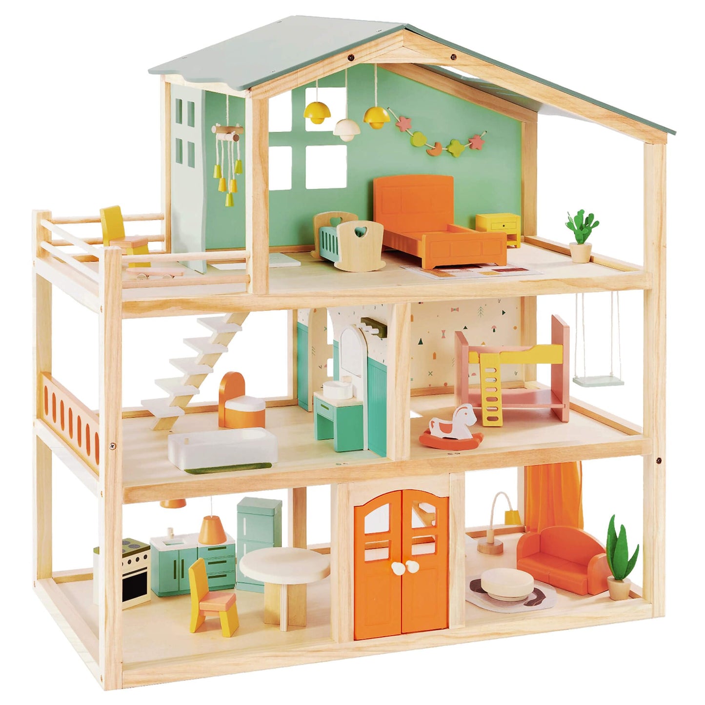 Giant bean Large Wooden Dollhouse – 3-Story, 32-Piece Furniture, Balcony, Safe Toy for Ages 3+
