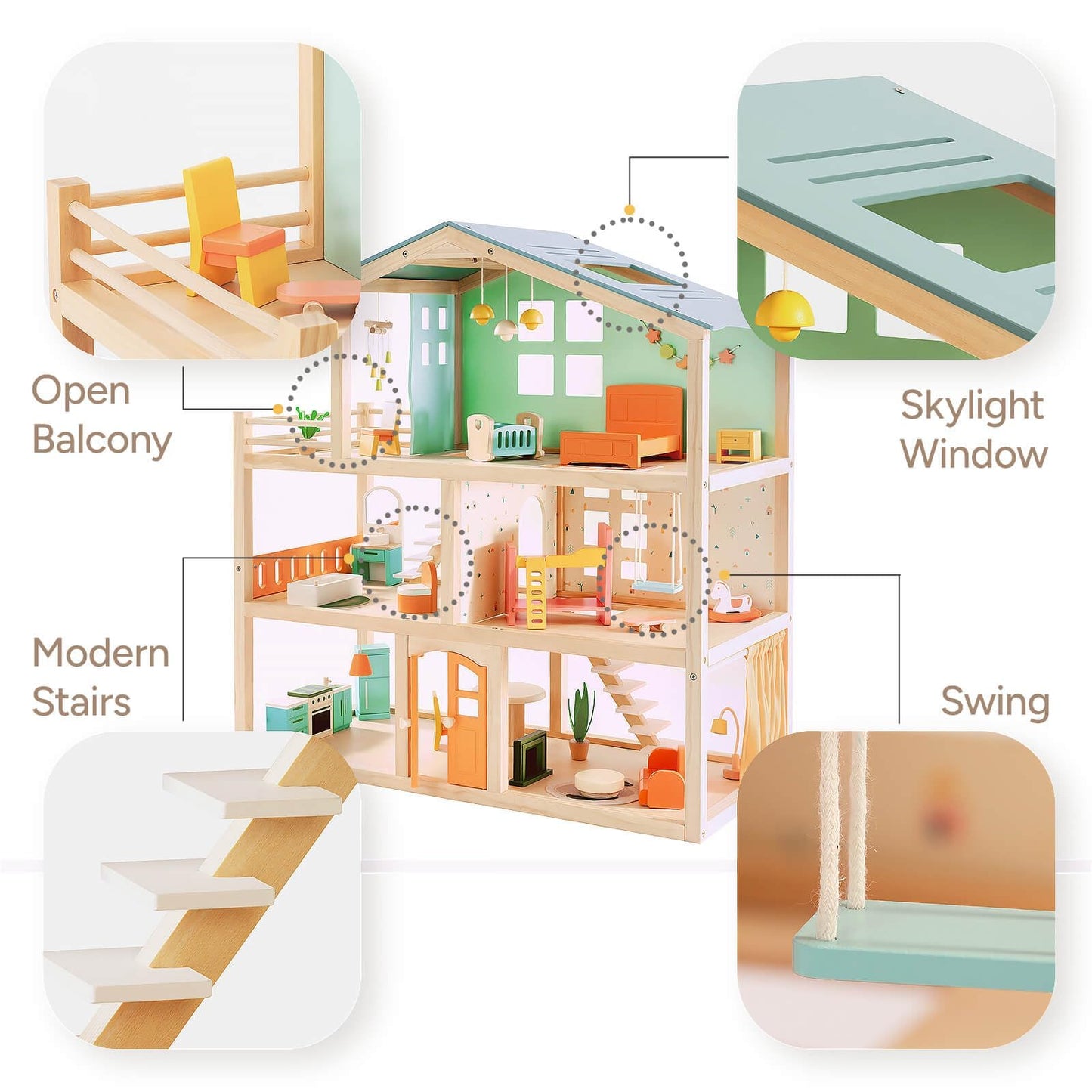 Giant bean Large Wooden Dollhouse – 3-Story, 32-Piece Furniture, Balcony, Safe Toy for Ages 3+