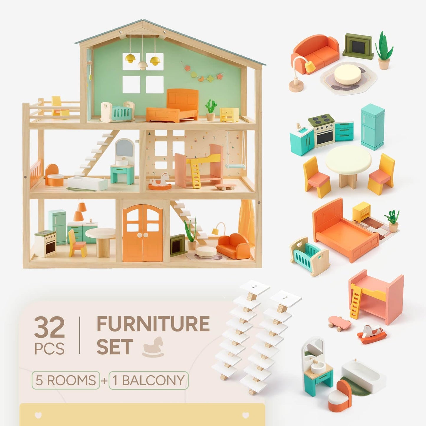 Giant bean Large Wooden Dollhouse – 3-Story, 32-Piece Furniture, Balcony, Safe Toy for Ages 3+