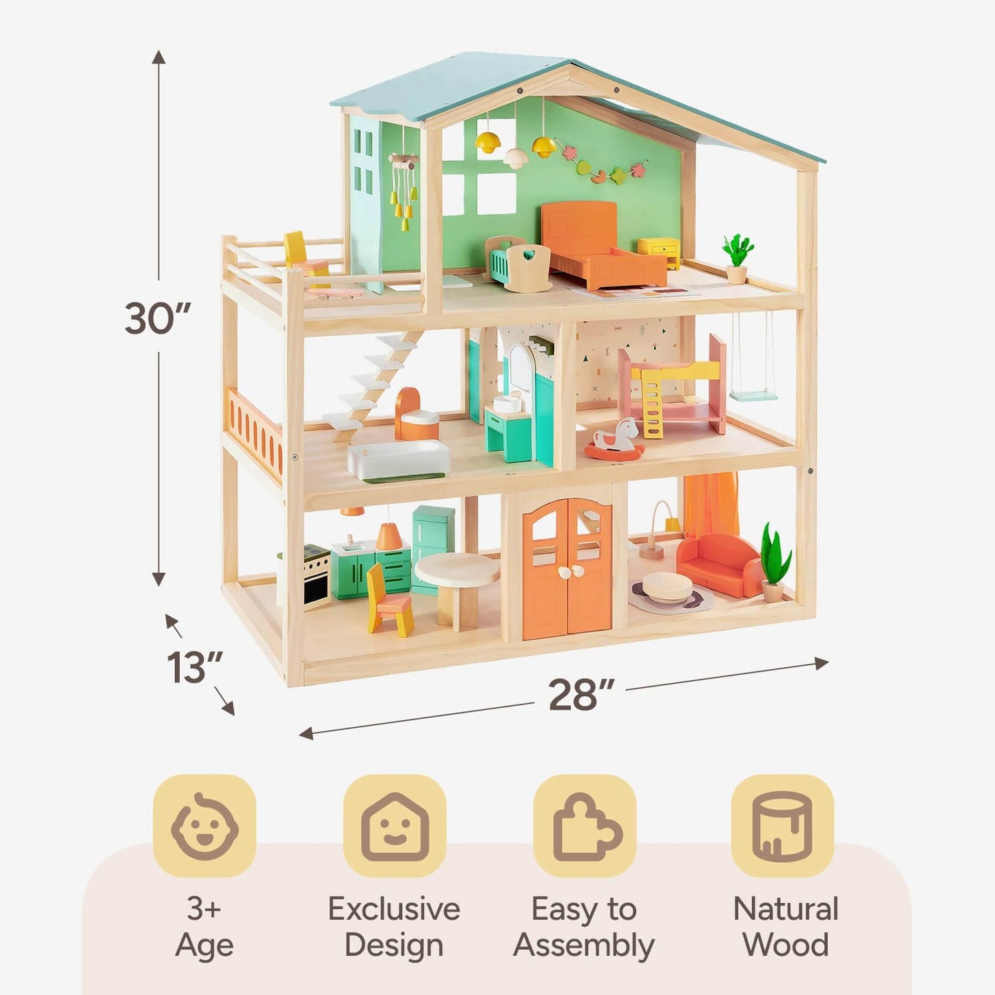 Giant bean Large Wooden Dollhouse – 3-Story, 32-Piece Furniture, Balcony, Safe Toy for Ages 3+
