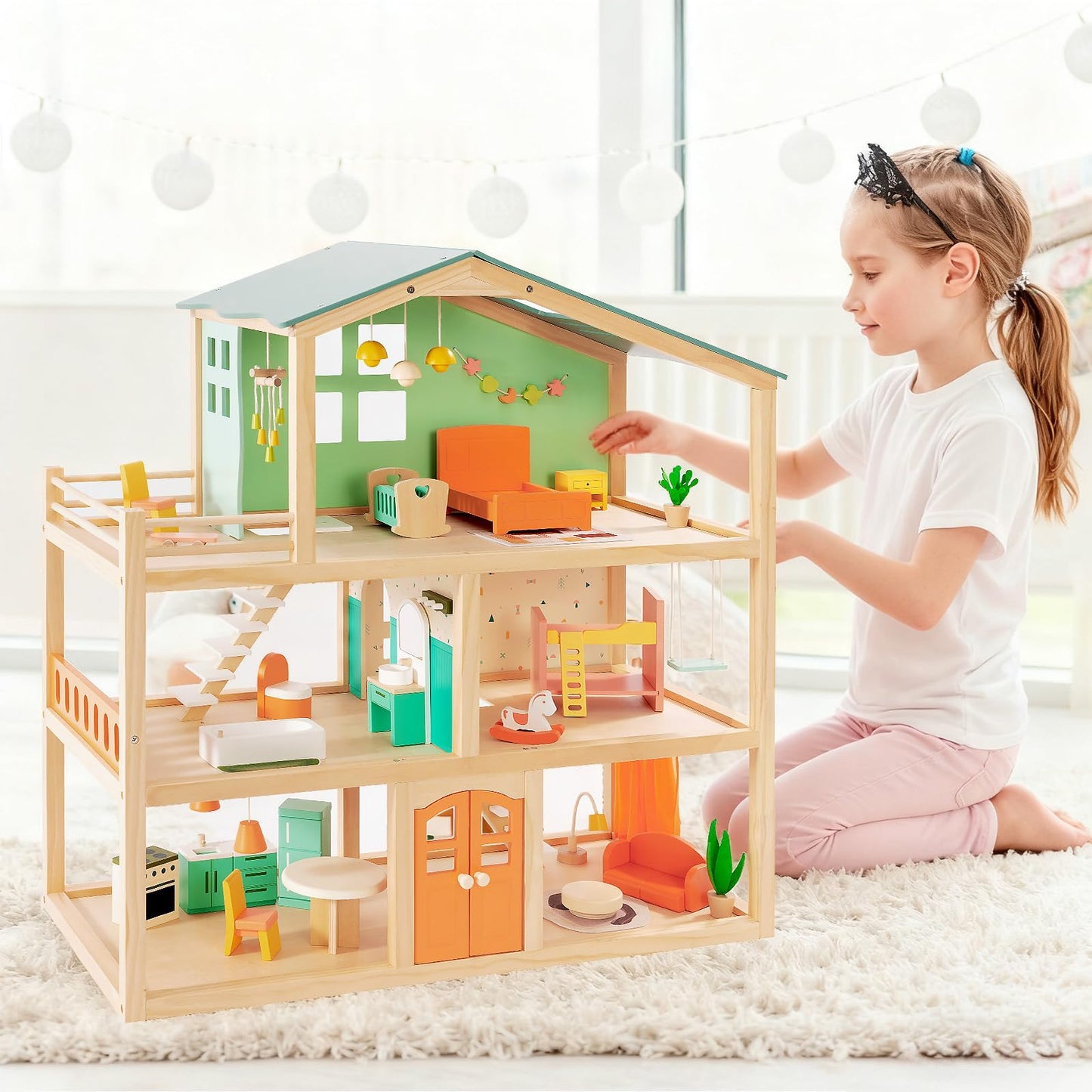 Giant bean Large Wooden Dollhouse – 3-Story, 32-Piece Furniture, Balcony, Safe Toy for Ages 3+