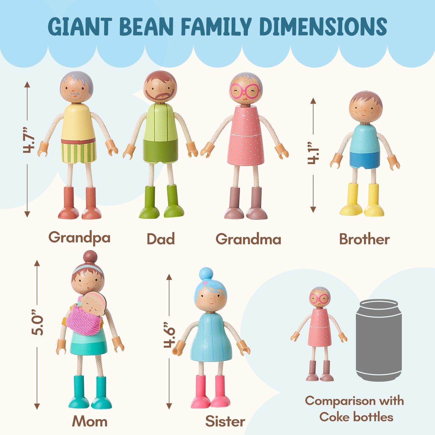 Giant bean Wooden Family Dolls Set of 7 – Poseable Dollhouse Figures for Imaginative Play