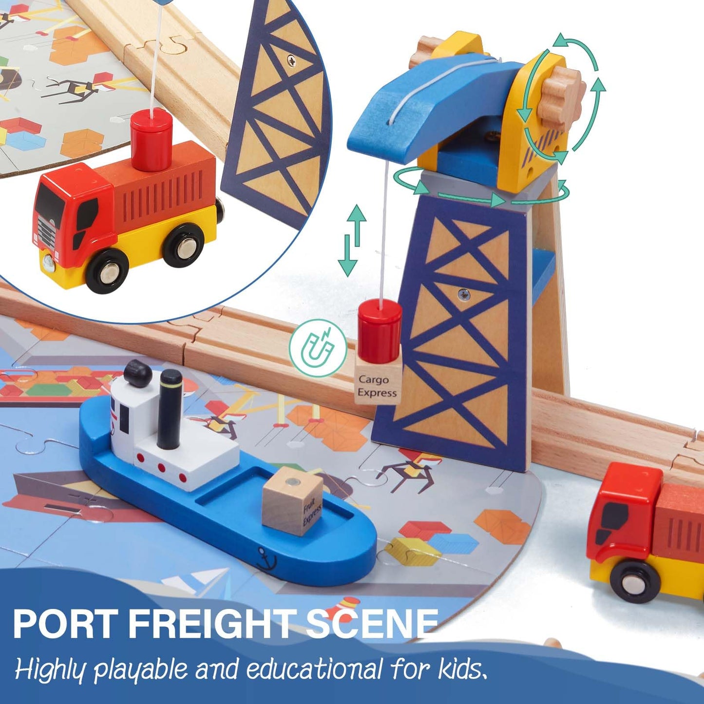 Giant bean 117 Pcs Busy Port City Wooden Train Set | Expandable Track & Lift Bridge