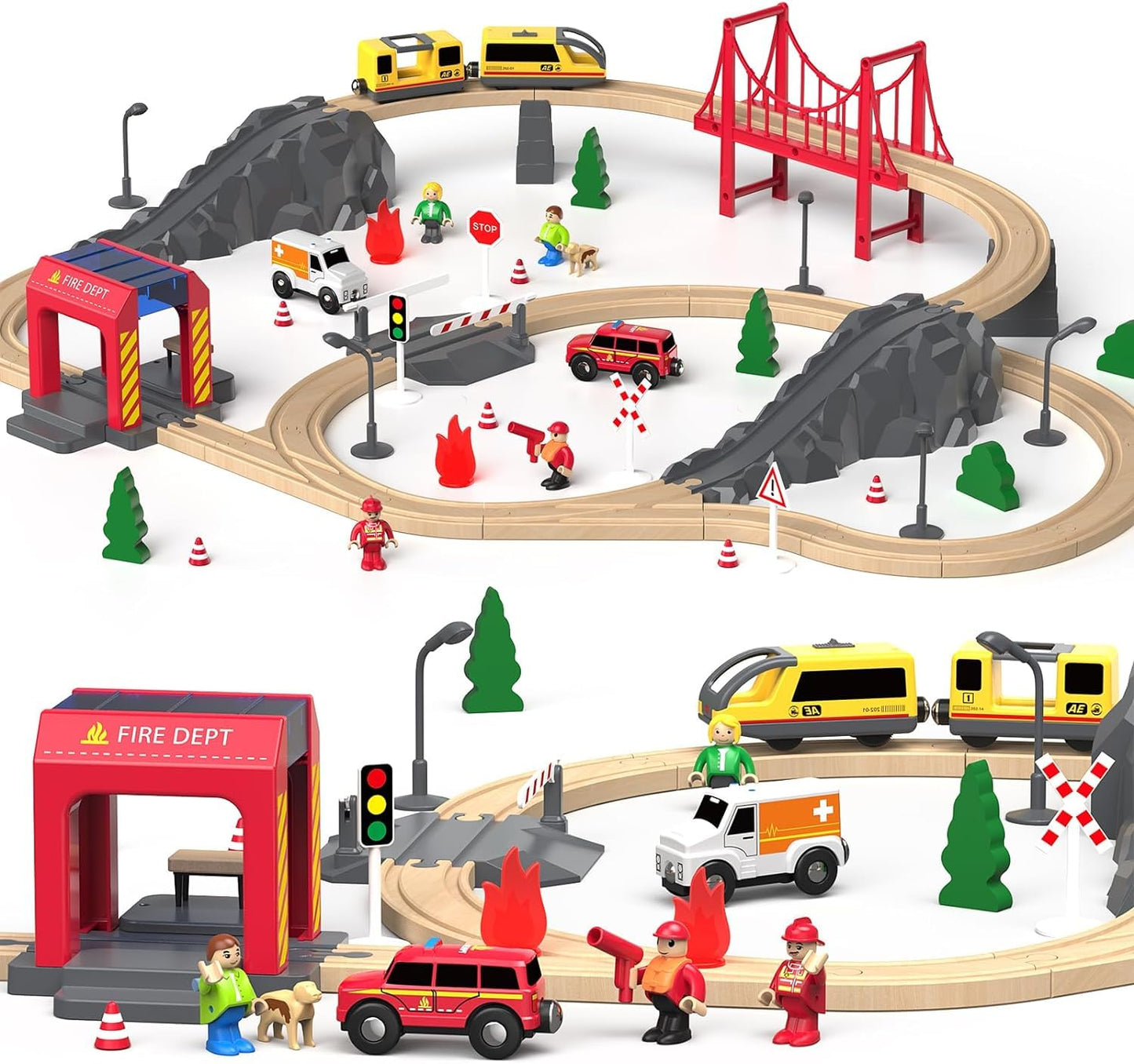Giant Bean 72PCS Fire Station Wooden Train Set – Battery Locomotive Included, Gift Packed for Kids 3+