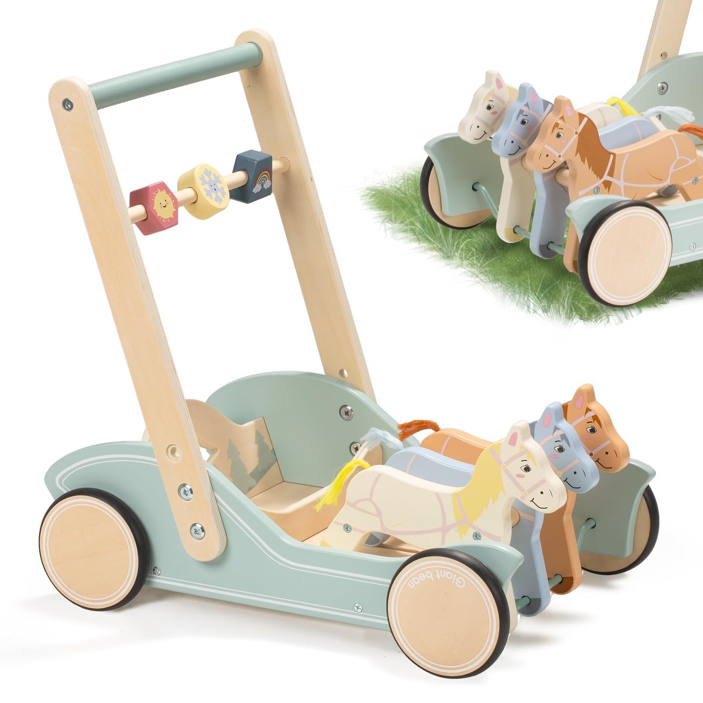 Giant bean Wooden Baby Push Walker – Galloping Ponies, Adjustable Speed & Height (Ages 1-3)