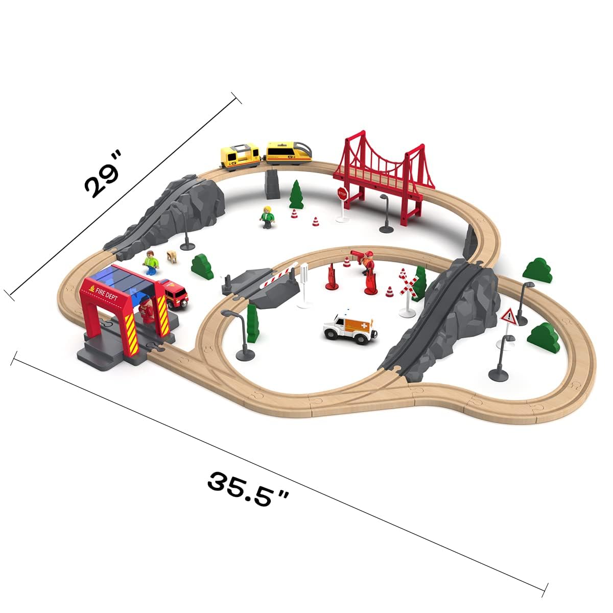 Giant Bean 72PCS Fire Station Wooden Train Set – Battery Locomotive Included, Gift Packed for Kids 3+