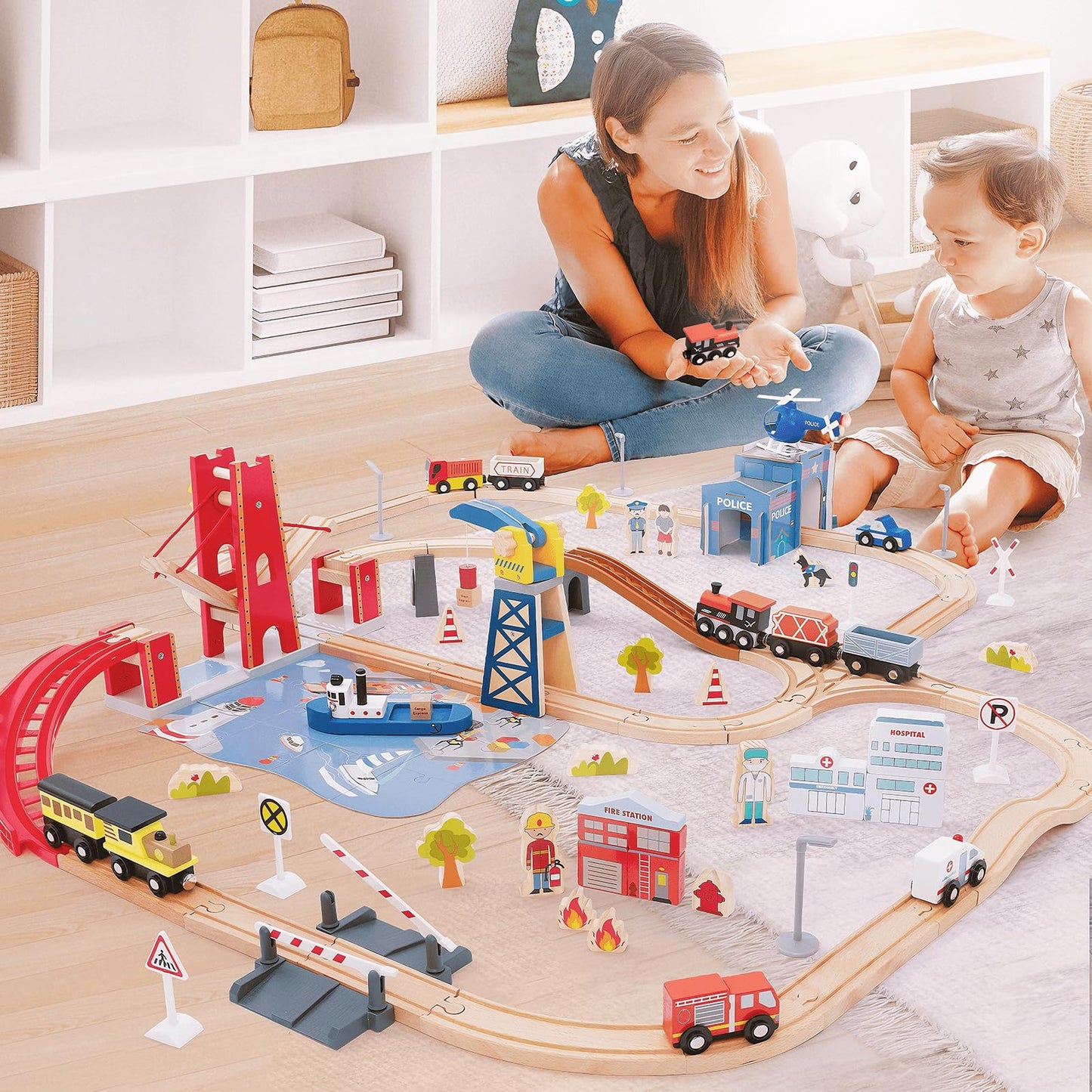 Giant bean 117 Pcs Busy Port City Wooden Train Set | Expandable Track & Lift Bridge