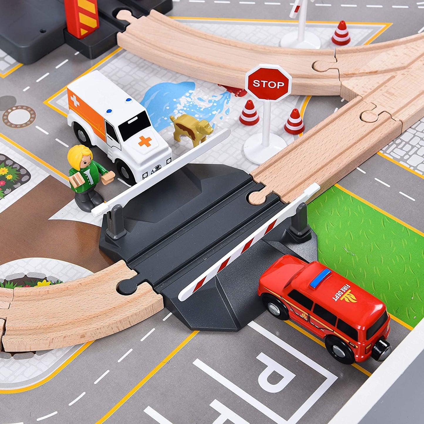 Giant Bean 72PCS Fire Station Wooden Train Set – Battery Locomotive Included, Gift Packed for Kids 3+