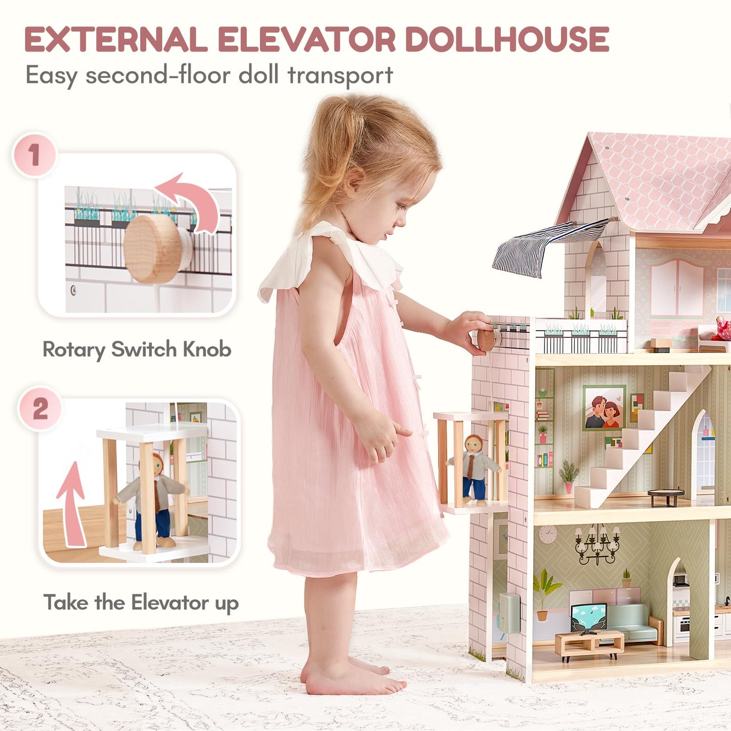 Giant bean Large Pink Wooden Dollhouse – 3-Story Playset with Elevator, Lights & 15 Furniture & 3 Dolls