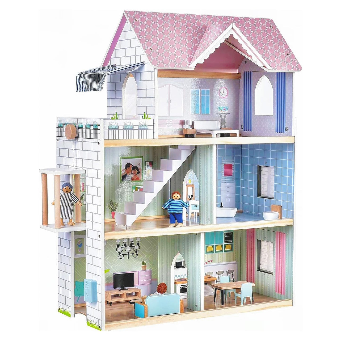 Giant bean Large Pink Wooden Dollhouse – 3-Story Playset with Elevator, Lights & 15 Furniture & 3 Dolls
