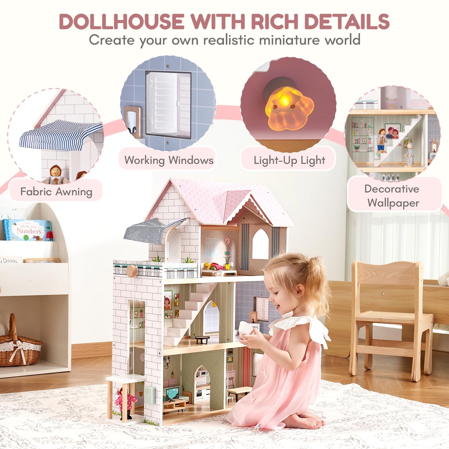 Giant bean Large Pink Wooden Dollhouse – 3-Story Playset with Elevator, Lights & 15 Furniture & 3 Dolls