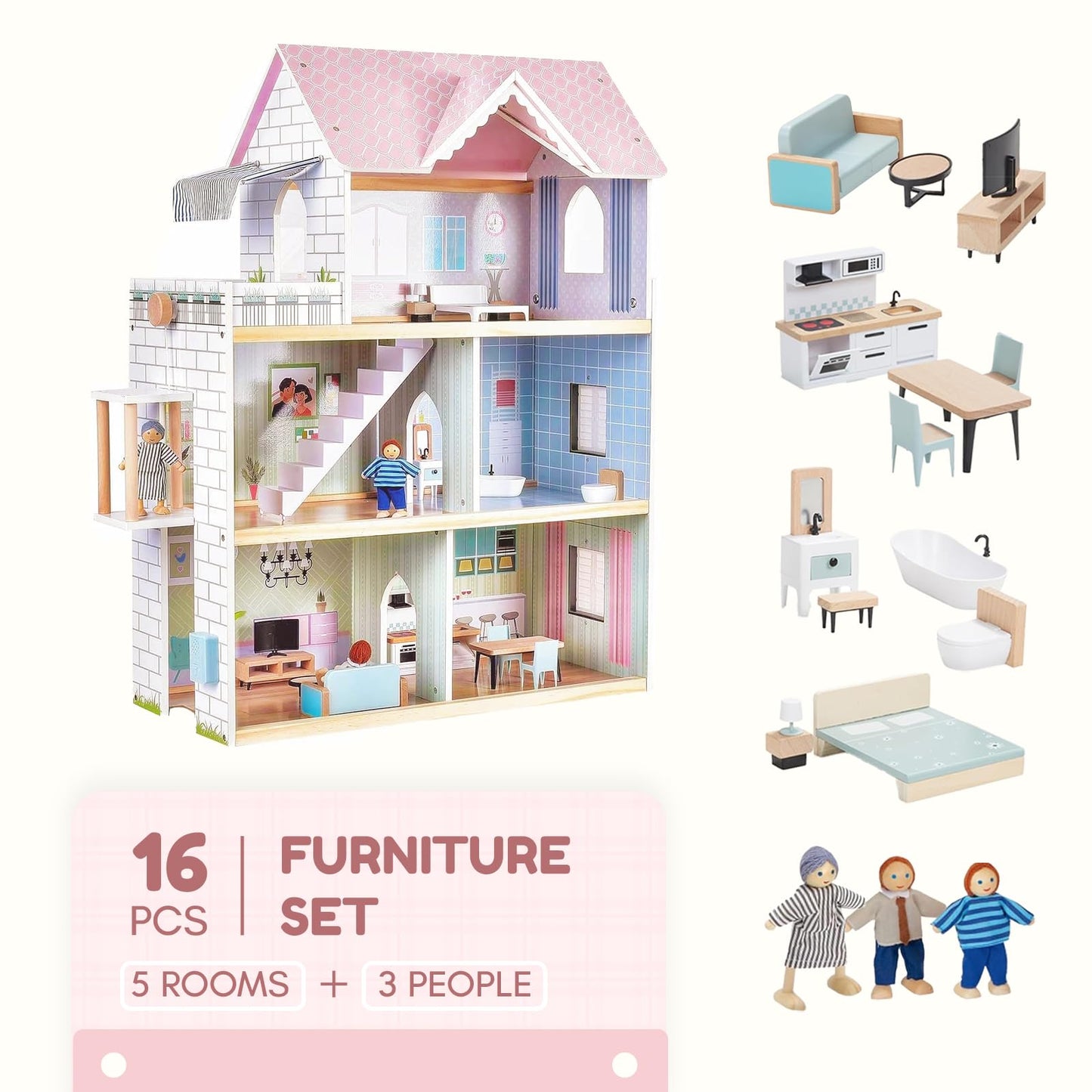 Giant bean Large Pink Wooden Dollhouse – 3-Story Playset with Elevator, Lights & 15 Furniture & 3 Dolls