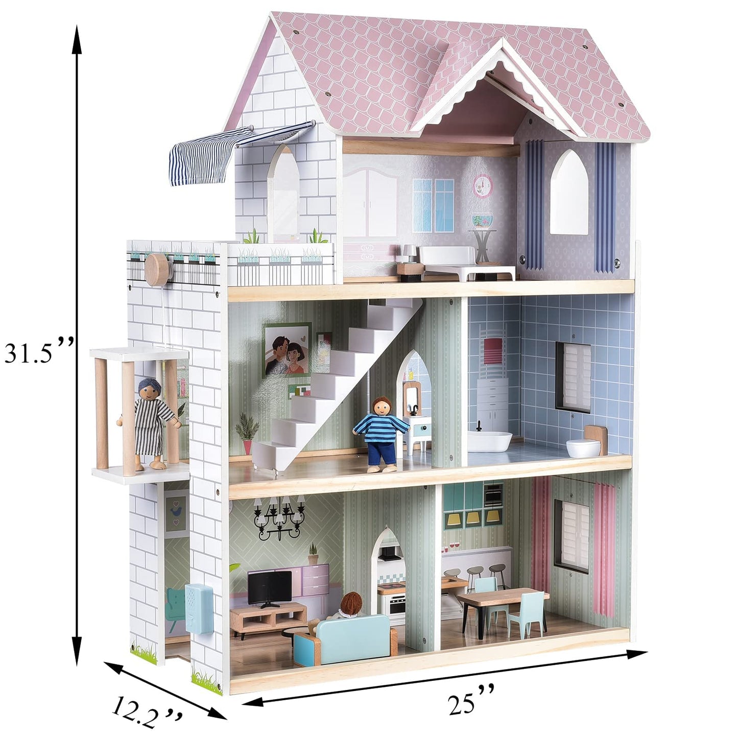 Giant bean Large Pink Wooden Dollhouse – 3-Story Playset with Elevator, Lights & 15 Furniture & 3 Dolls