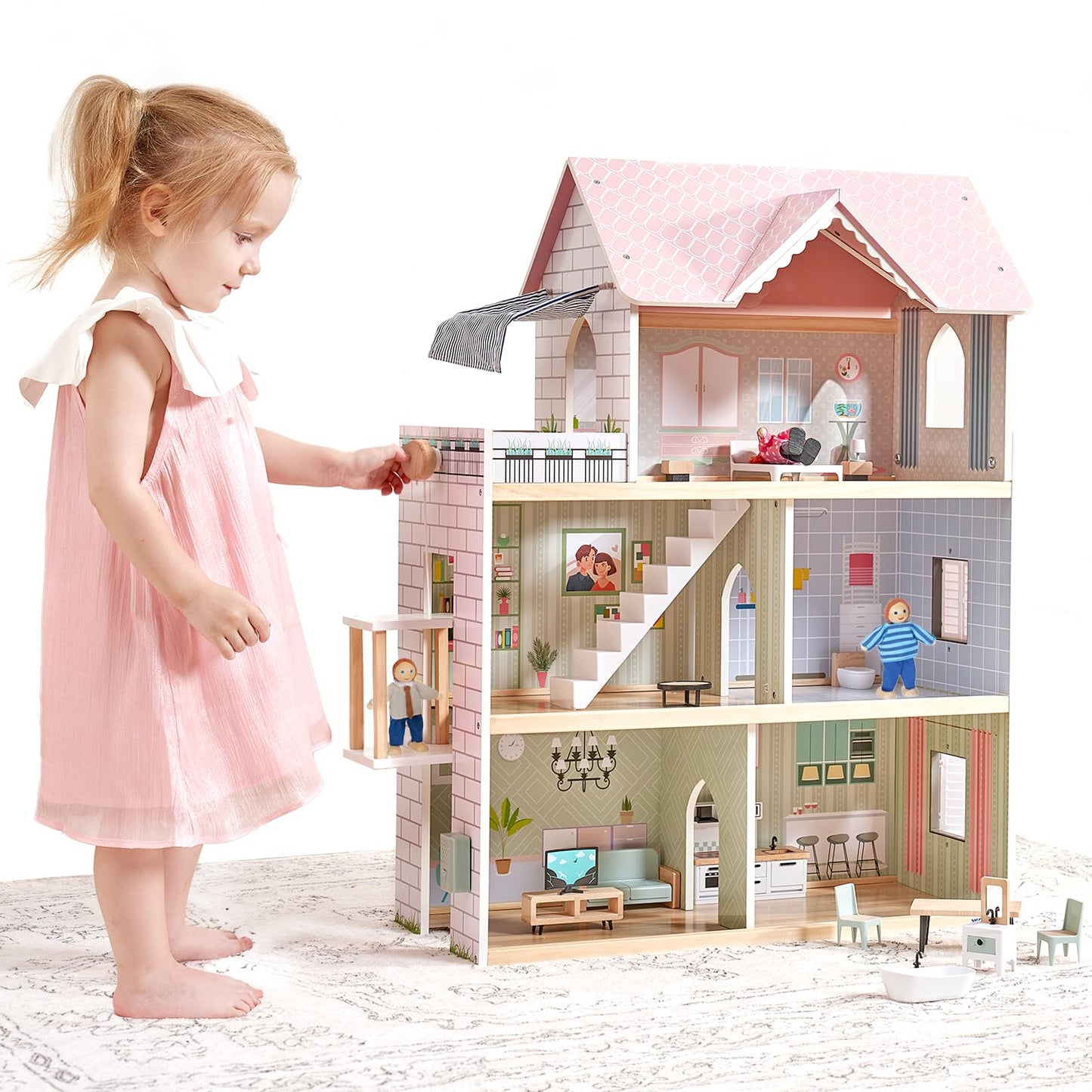 Giant bean Large Pink Wooden Dollhouse – 3-Story Playset with Elevator, Lights & 15 Furniture & 3 Dolls