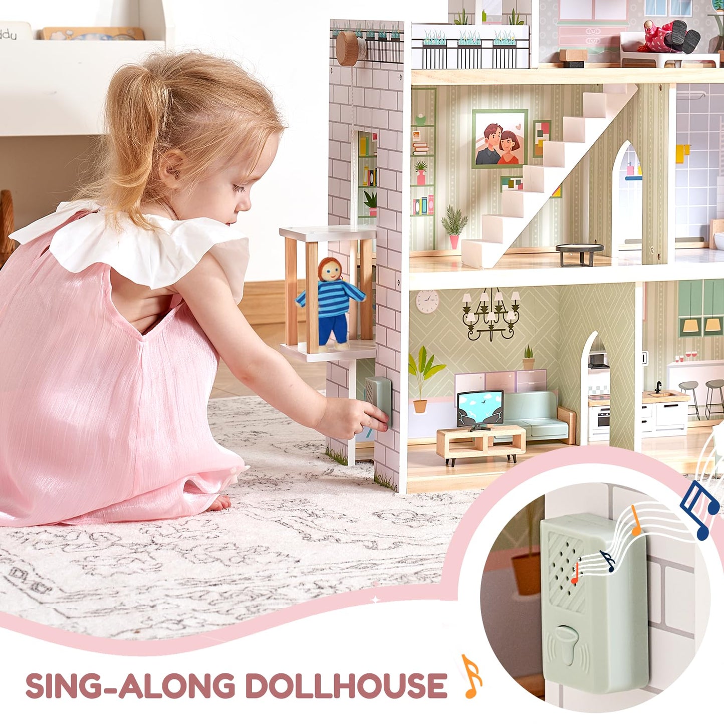 Giant bean Large Pink Wooden Dollhouse – 3-Story Playset with Elevator, Lights & 15 Furniture & 3 Dolls
