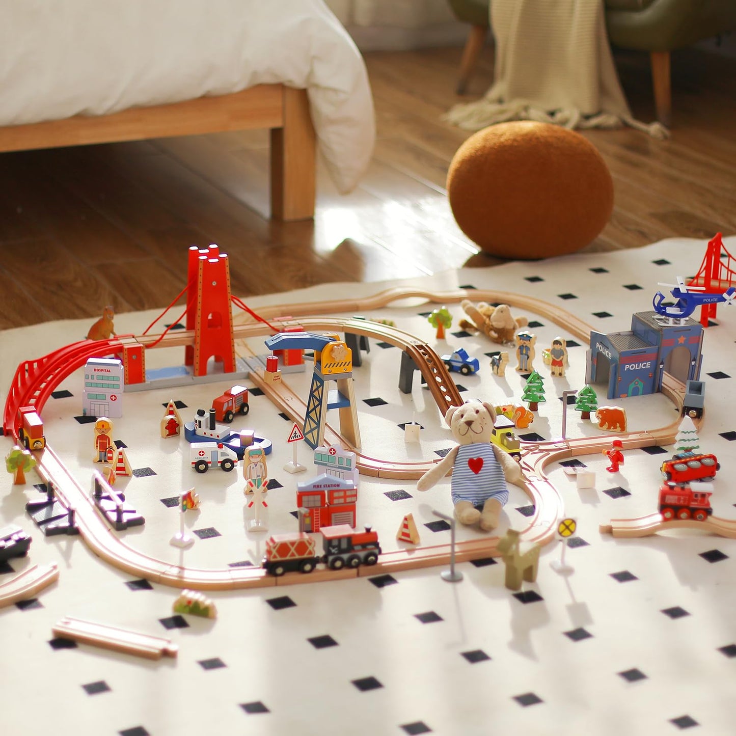 Giant bean 117 Pcs Busy Port City Wooden Train Set | Expandable Track & Lift Bridge