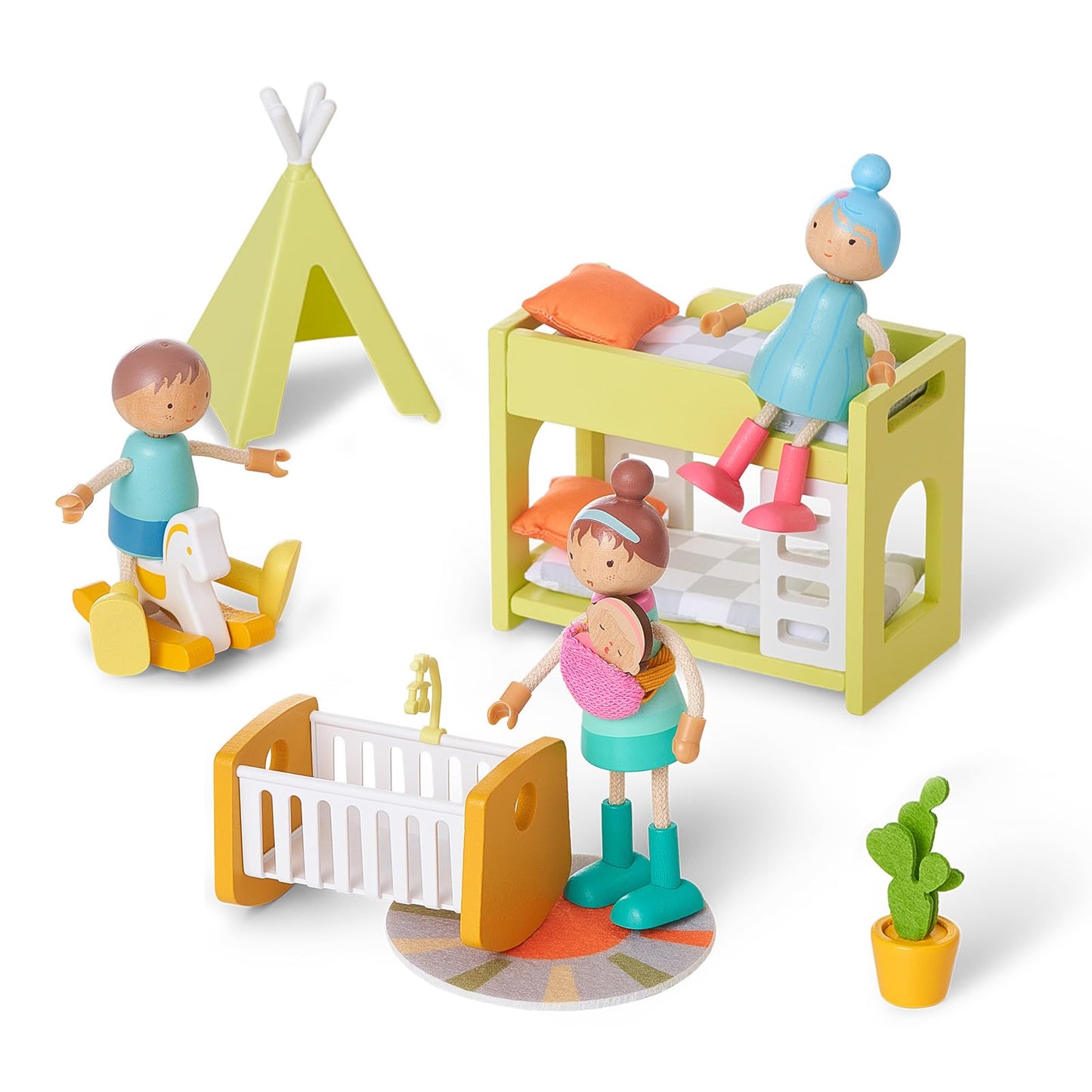 Giant bean Wooden Family Dolls Set of 7 – Poseable Dollhouse Figures for Imaginative Play