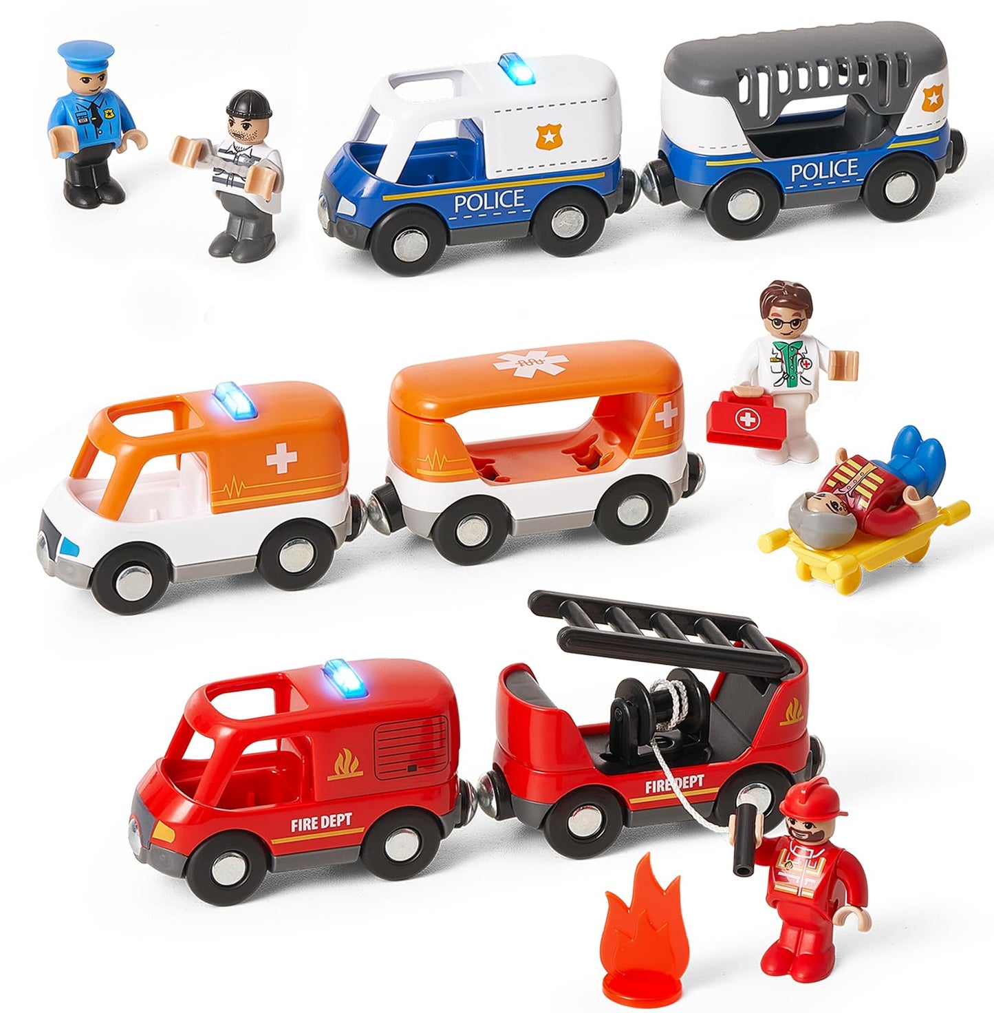 Giant bean 6pcs Magnetic Rescue Train Car Set – 3-in-1 Police, Fire & Ambulance with Lights & Sounds