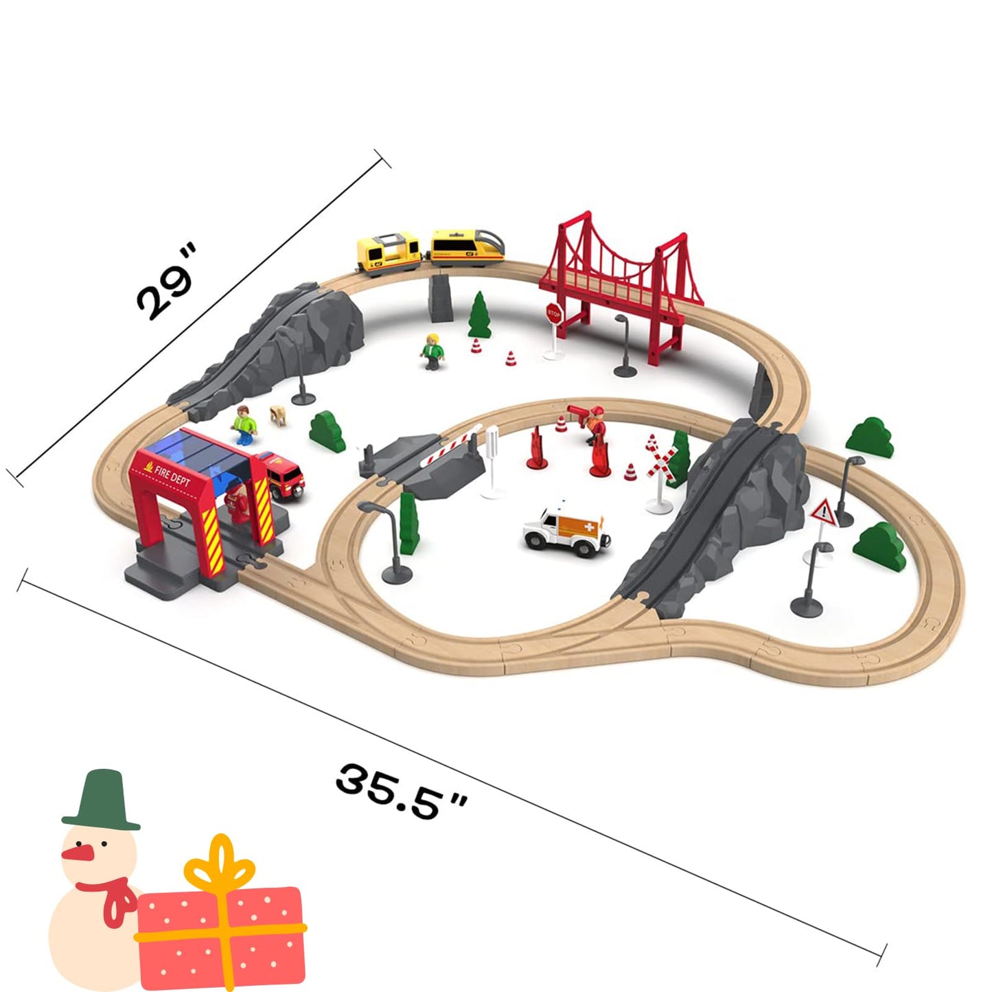 Giant Bean 72PCS Fire Station Wooden Train Set – Battery Locomotive Included, Gift Packed for Kids 3+